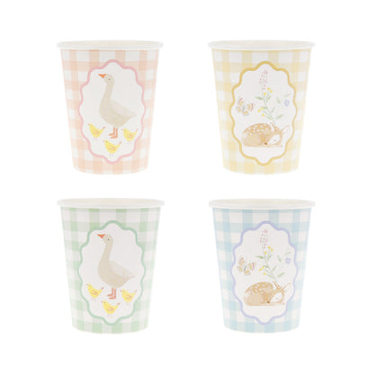 Meri Meri Little Animals gingham party cups in pastel colours, available at our Toronto party shop
