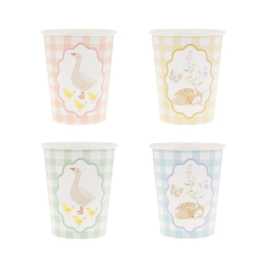 Meri Meri Little Animals gingham party cups in pastel colours, available at our Toronto party shop