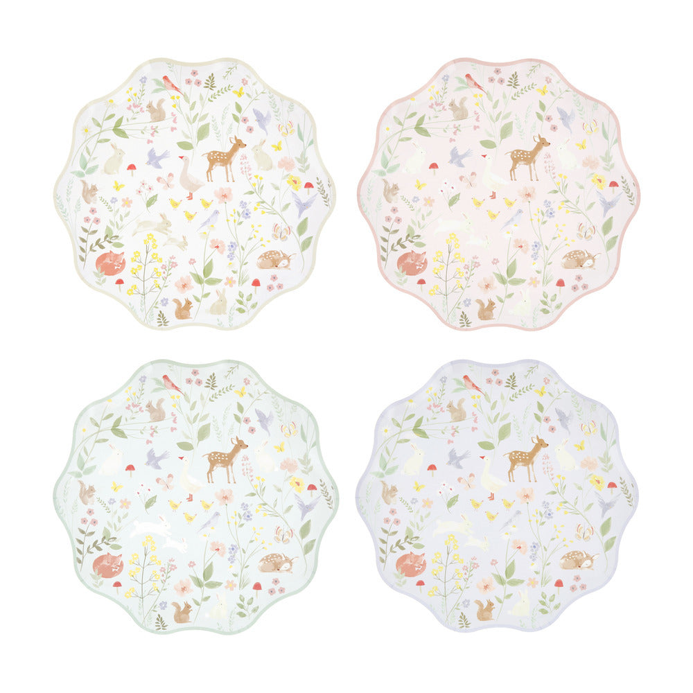 Meri Meri little animals scalloped side plates featuring woodland creatures and soft pastel florals, available at our Toronto party shop.