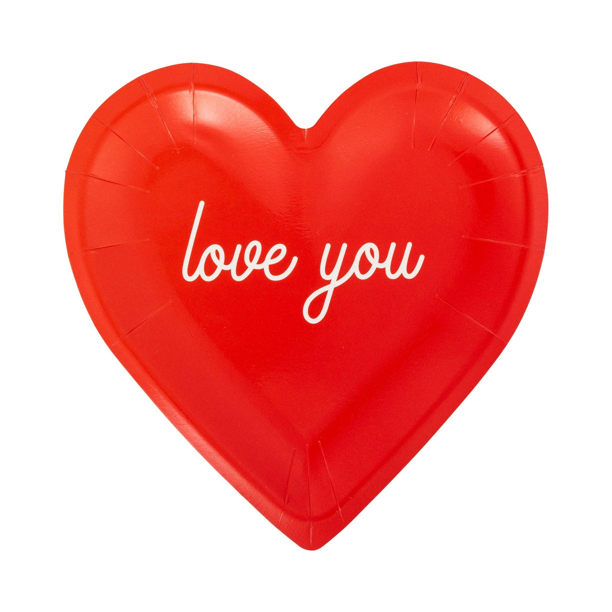 Red heart-shaped plate featuring “love you” text for Valentine’s Day, available in Toronto at Confetti My Party