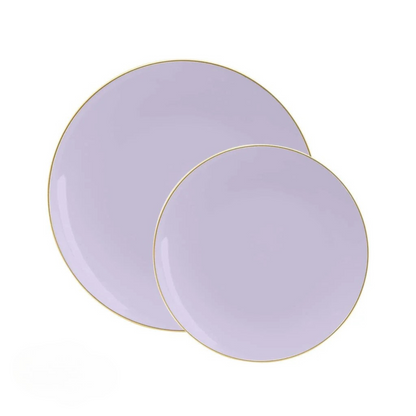 Two lavender plates with gold rims on a white background