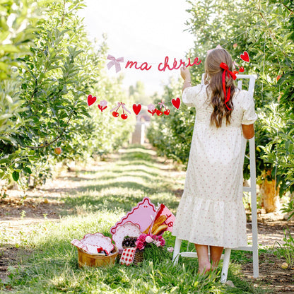 Close-up of Ma Chérie cherry and heart banner hanging as Valentine’s party decor, sold in Toronto, ships across Canada