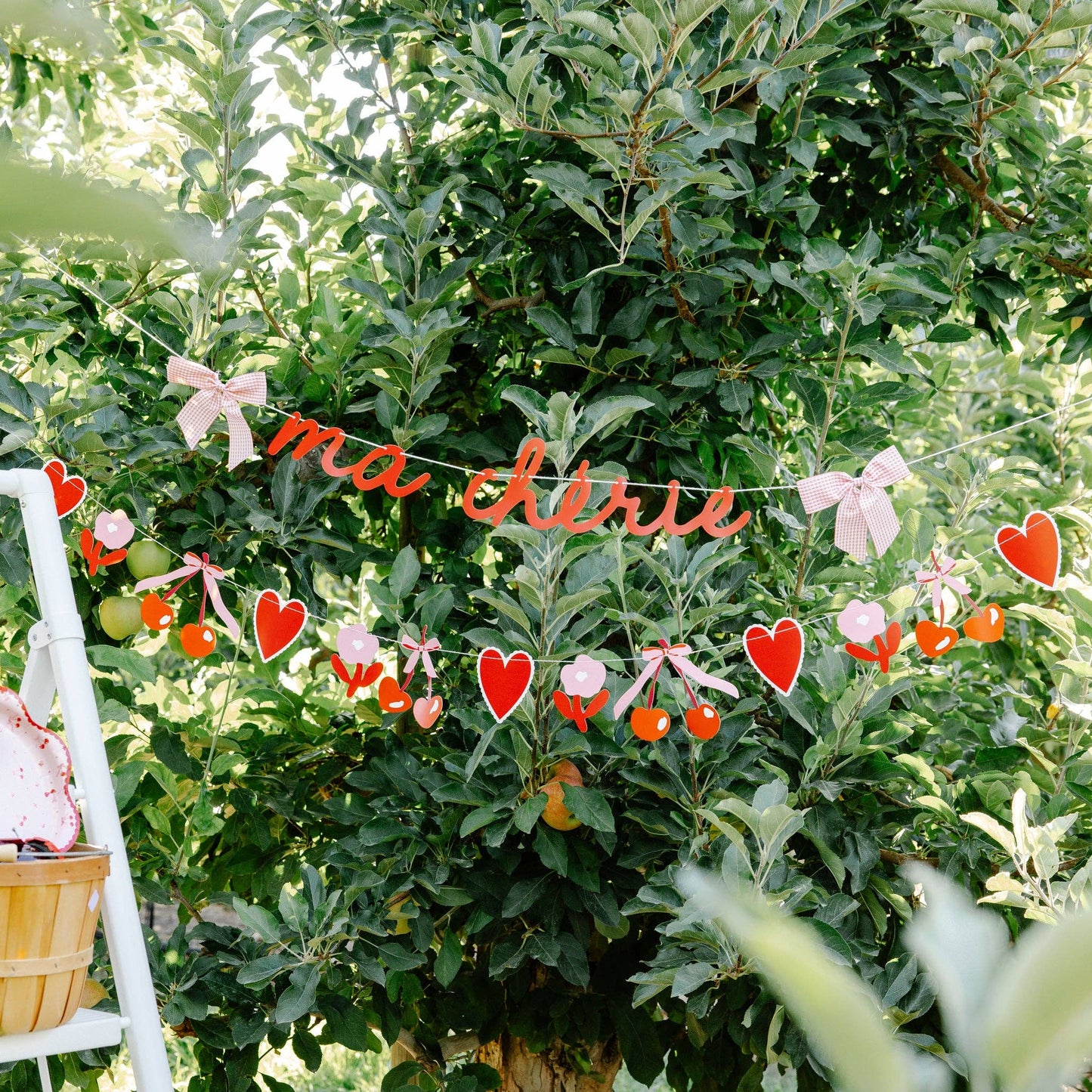 Ma Chérie banner styled outdoors for a Valentine’s Day celebration, Toronto party decor from Confetti My Party