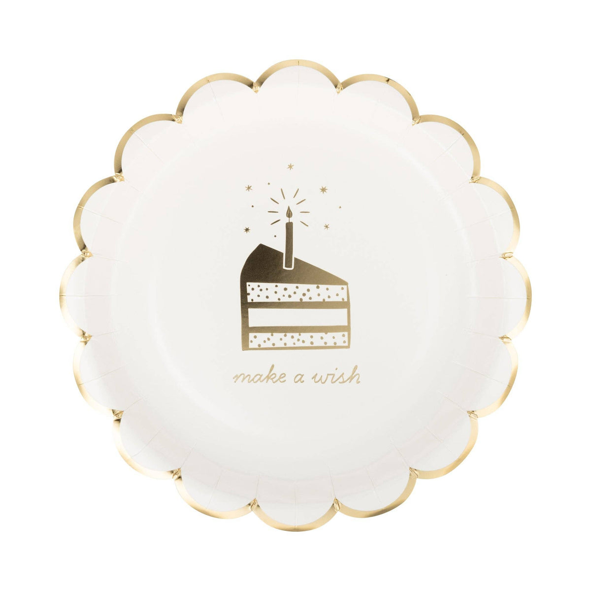 Cream scalloped birthday cake plates with Make a Wish design and gold foil details