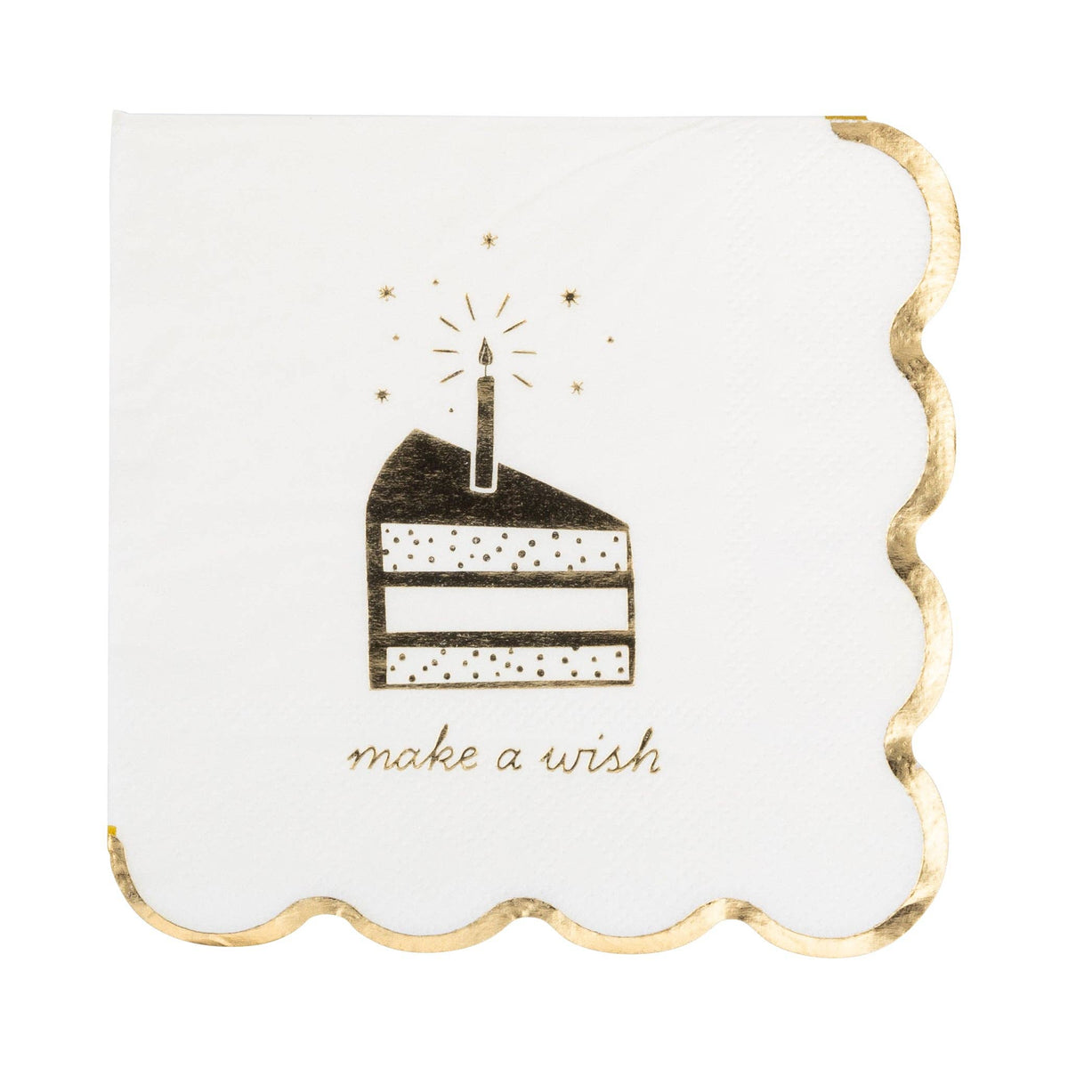 Cream scalloped birthday cocktail napkins with gold foil cake and Make a Wish design
