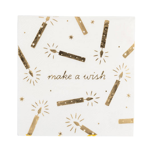 Make a Wish cream birthday cocktail napkins with gold foil candle design