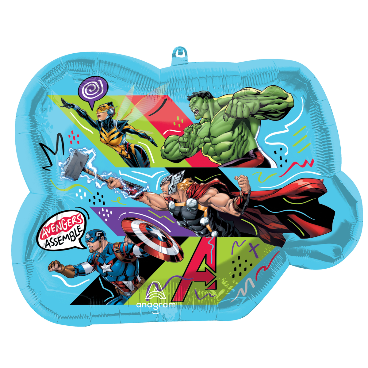 Blue Marvel Avengers Assemble foil balloon featuring Hulk, Thor, Captain America and Wasp with colourful comic-style graphics. Pick up in Toronto and Canada-wide shipping available.