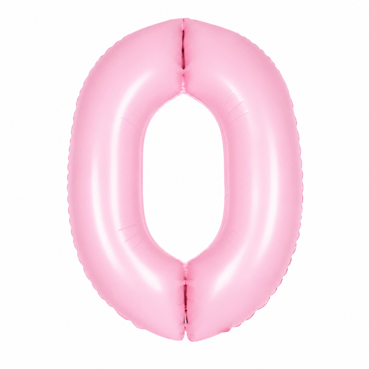 A pink metallic foil balloon shaped like the number zero, isolated on a solid white background.
