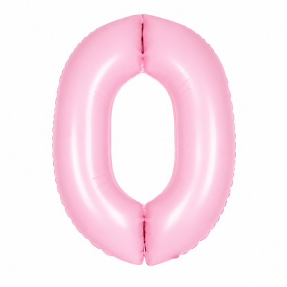 A pink metallic foil balloon shaped like the number zero, isolated on a solid white background.