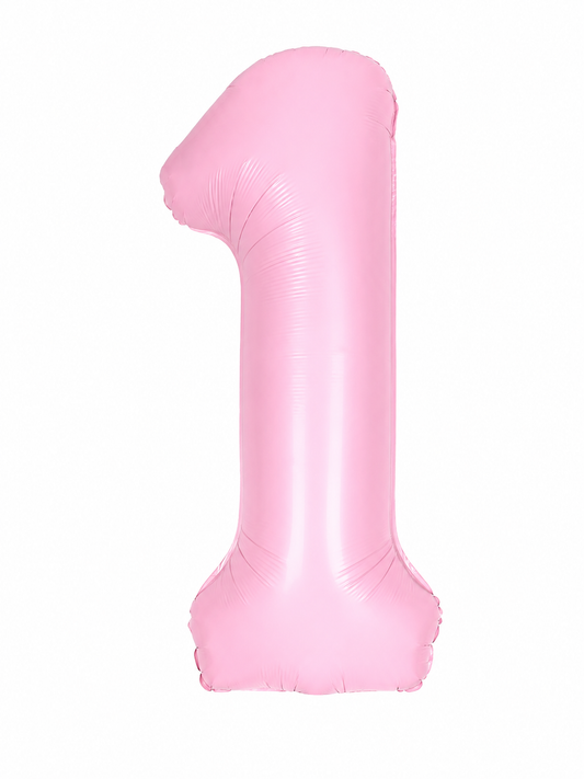 A pink foil balloon shaped like the number one, on a white background.