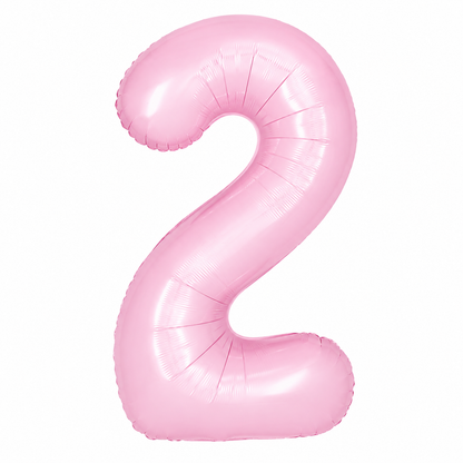 A pink foil balloon shaped like the number two, isolated on a white background.