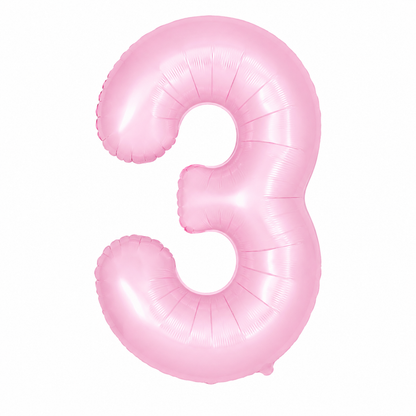 A pink metallic foil balloon shaped like the number three, isolated on a solid white background.