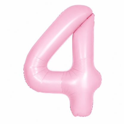 A pink foil balloon shaped like the number 4, isolated on a white background.