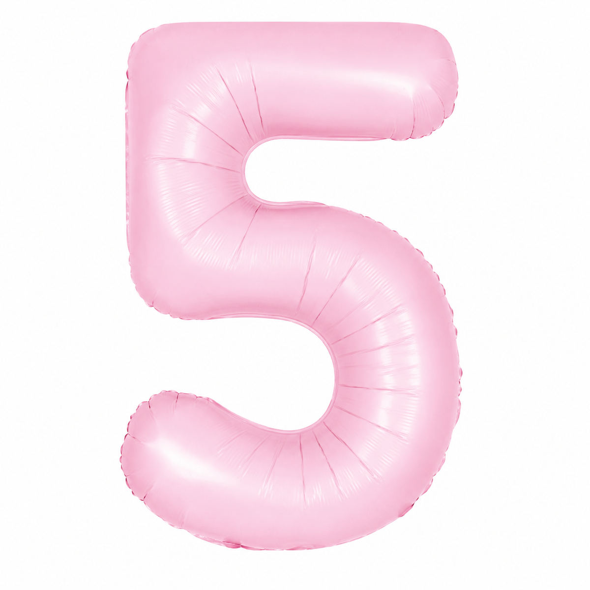 A pink foil balloon shaped like the number five, isolated on a white background.