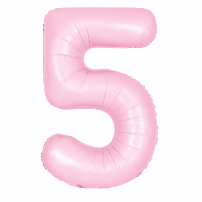 A pink foil balloon shaped like the number five, isolated on a white background.