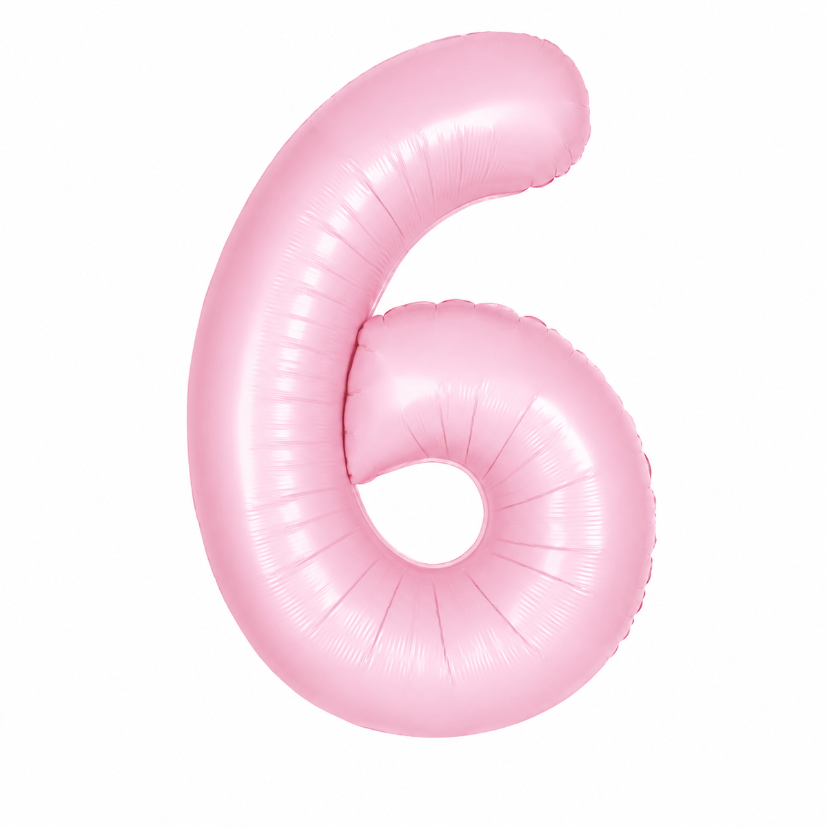 A shiny light pink foil balloon shaped like the number six, isolated on a solid white background.