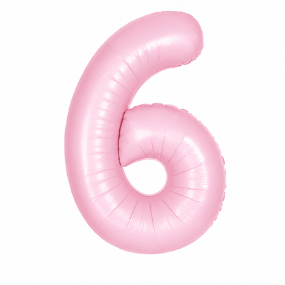 A shiny light pink foil balloon shaped like the number six, isolated on a solid white background.