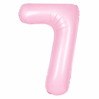 A light pink metallic foil balloon shaped like the number seven, isolated on a solid white background.