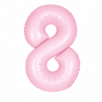 A pink metallic foil balloon shaped like the number eight, isolated on a solid white background.