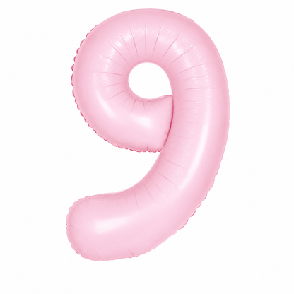 A light pink metallic foil balloon shaped like the number nine, isolated on a solid white background.