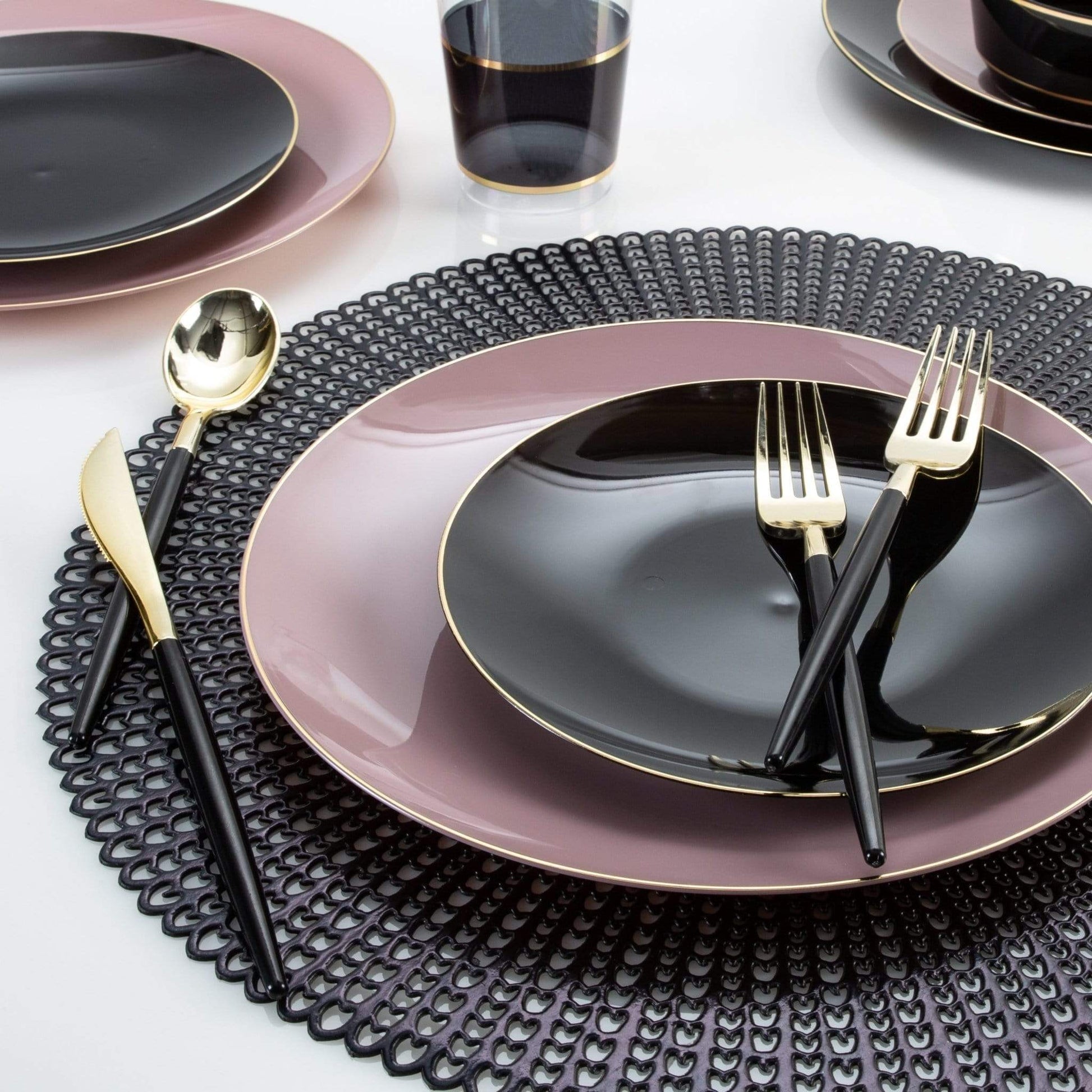 table set up with mauve and gold plastic dessert plates