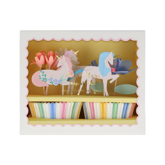 Meri Meri Meadow Unicorn cupcake kit packaging with scalloped window box and pastel cupcake liners, available at our Toronto party shop.
