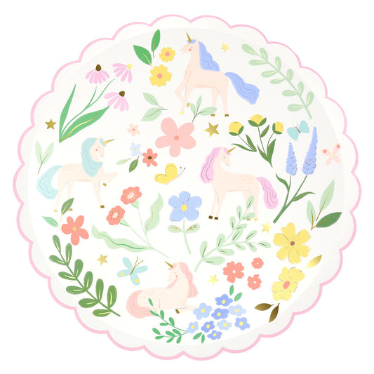 Meri Meri meadow unicorn scalloped plates with pastel florals and gold accents, perfect for unicorn birthday parties, available at our Toronto party shop.