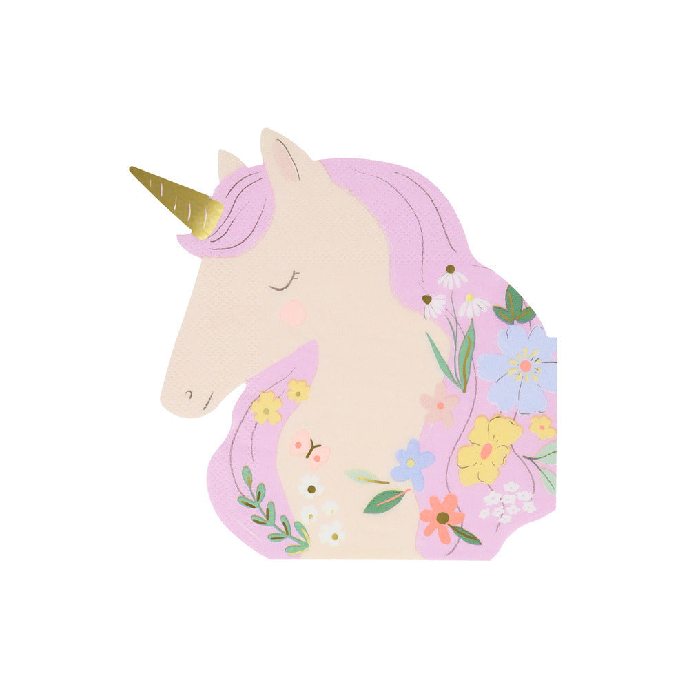 Meri Meri meadow unicorn shaped napkins with soft pastel florals and gold horn detail for unicorn birthday parties, available in Toronto and shipping across Canada.