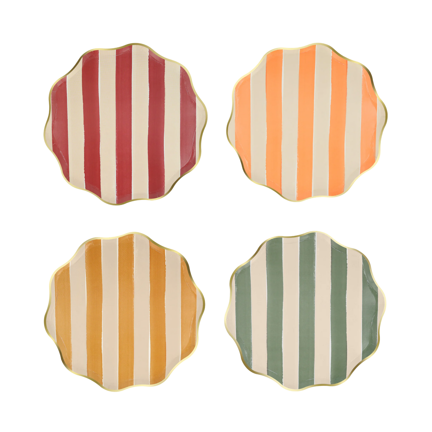 Set of four scalloped side plates with fall-coloured stripes, available at our Toronto party shop.