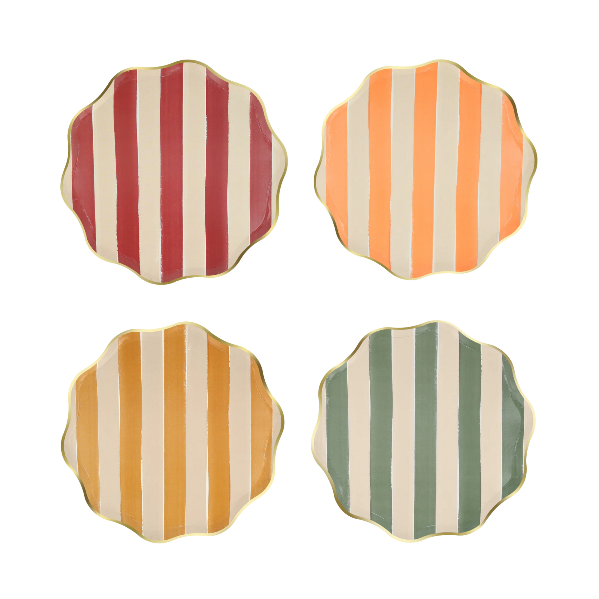 Set of four scalloped side plates with fall-coloured stripes, available at our Toronto party shop.