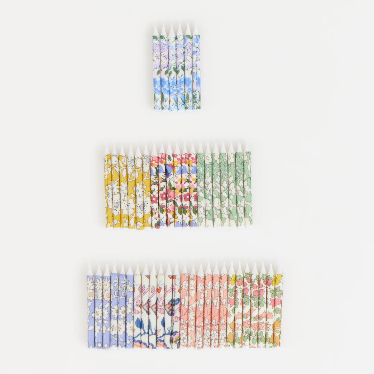 Meri Meri mini candles featuring assorted Liberty floral print designs