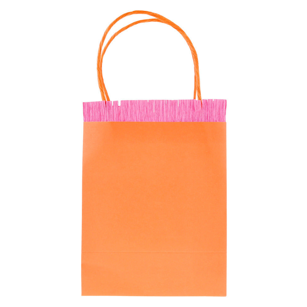 Meri Meri orange paper party bag with pink fringe