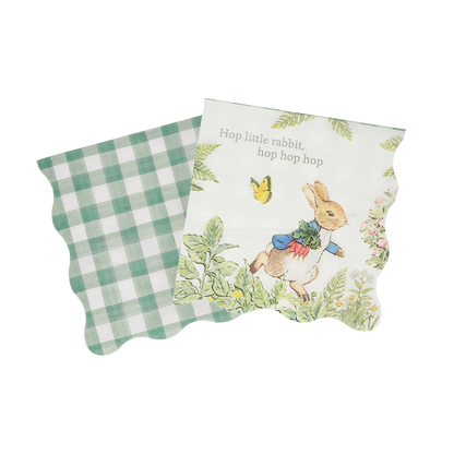 Peter Rabbit in the Garden small napkin by Meri Meri with floral design, scalloped edge, and ‘Hop little rabbit, hop hop hop’ text, sold in Toronto at Confetti My Party.