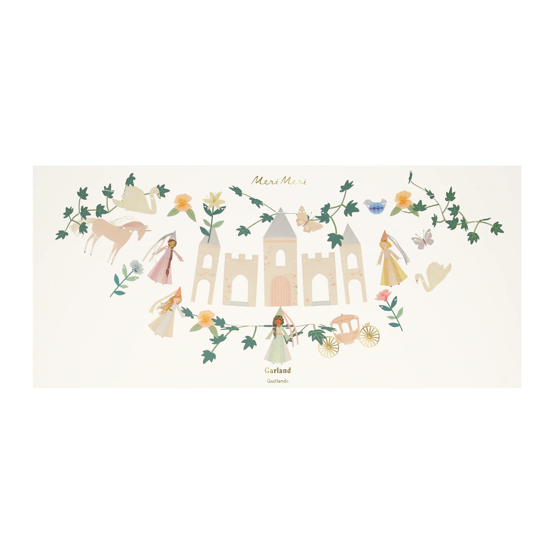 Flat lay of Meri Meri fairytale garland packaging featuring a whimsical castle, princesses, horse, swan, and floral details.