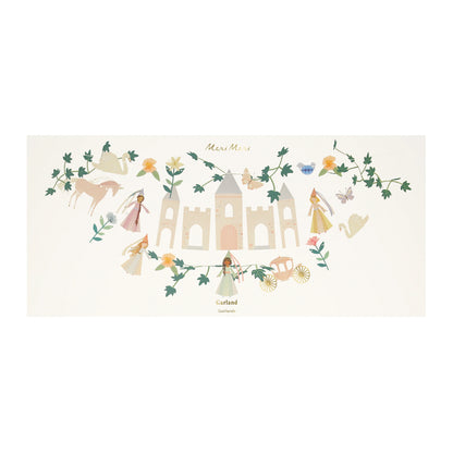 Flat lay of Meri Meri fairytale garland packaging featuring a whimsical castle, princesses, horse, swan, and floral details.