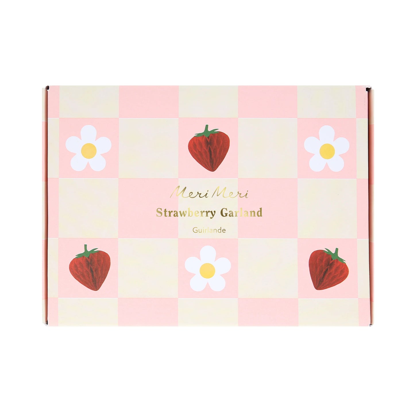 Packaging of Meri Meri strawberry garland with strawberry and daisy illustrations.