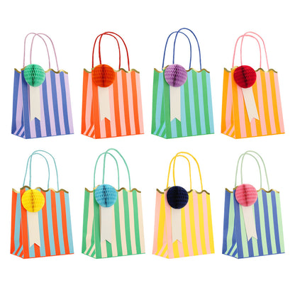 Meri Meri striped paper party bags with colourful honeycomb gift tags