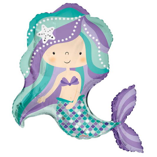 foil mermaid balloon with purple, mint, white and silver accents