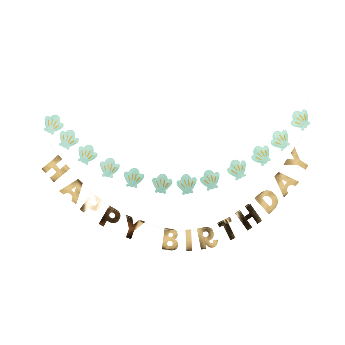 Mermaid Happy Birthday banner set featuring mint felt seashell garland and gold foil birthday letters. Toronto pickup + Canada-wide shipping available.