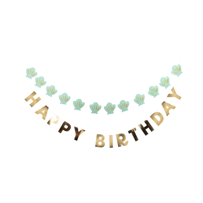Mermaid Happy Birthday banner set featuring mint felt seashell garland and gold foil birthday letters. Toronto pickup + Canada-wide shipping available.