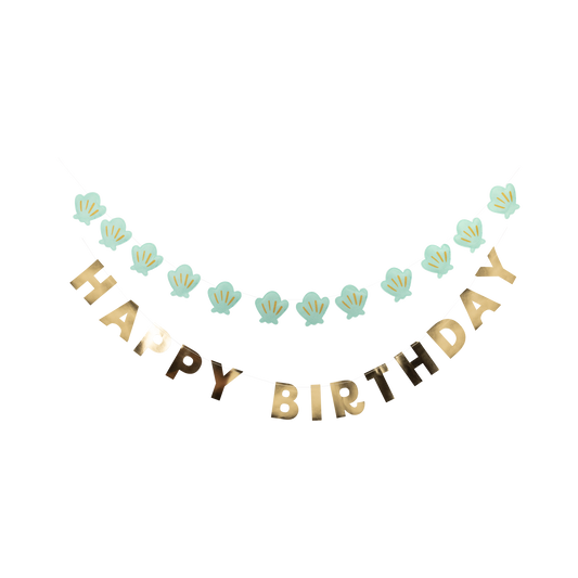 Mermaid Happy Birthday banner set featuring mint felt seashell garland and gold foil birthday letters. Toronto pickup + Canada-wide shipping available.