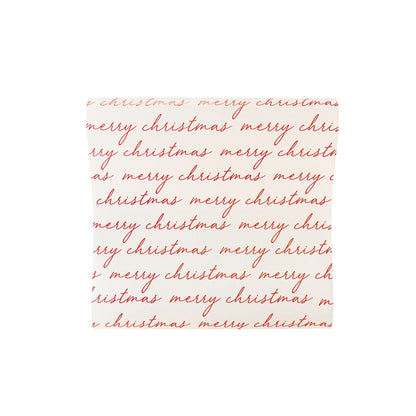 red ' merry christmas' script on a white paper table runner 