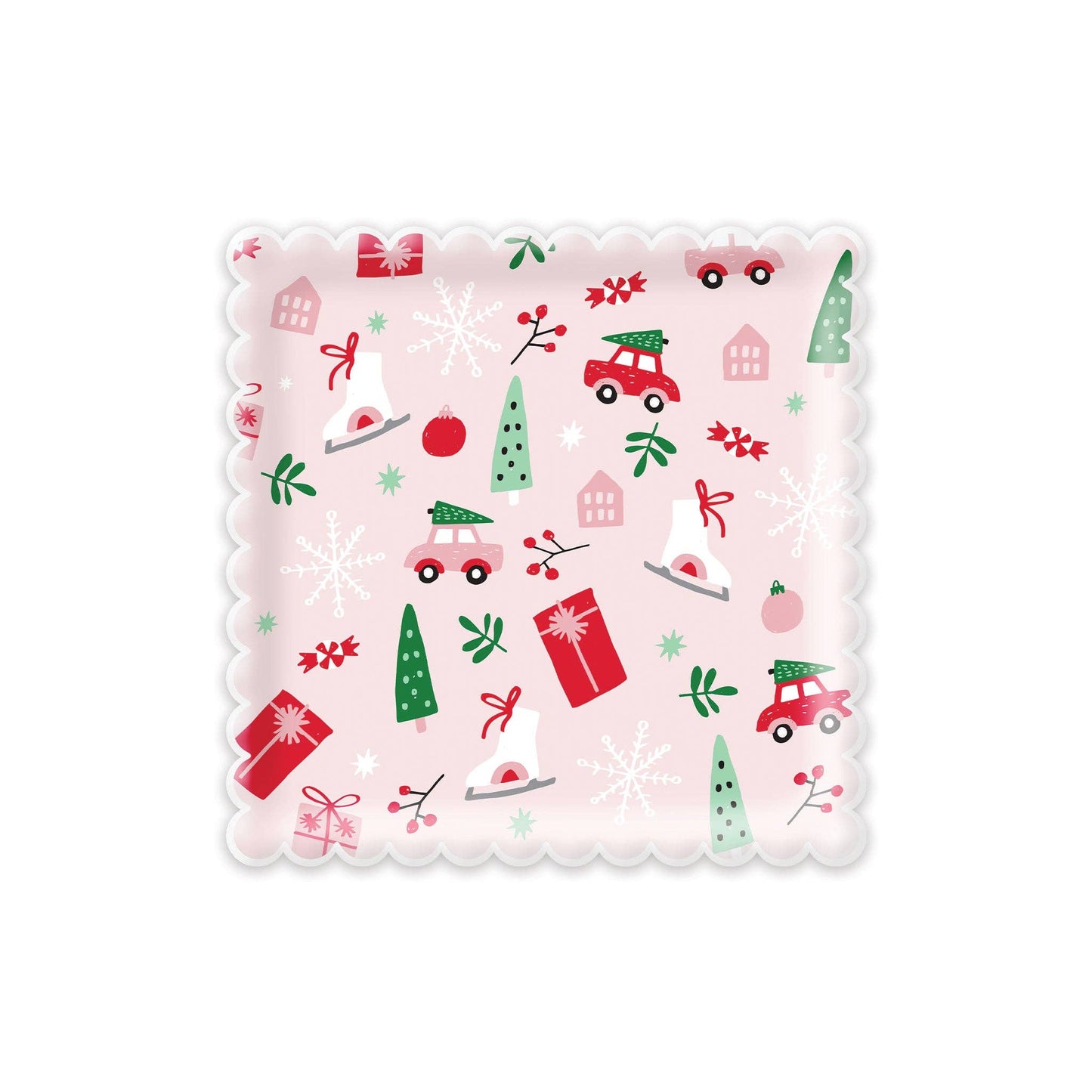 Pink paper plates with scalloped edges and festive Christmas icons—trees, cars, and gifts, Toronto holiday tableware.