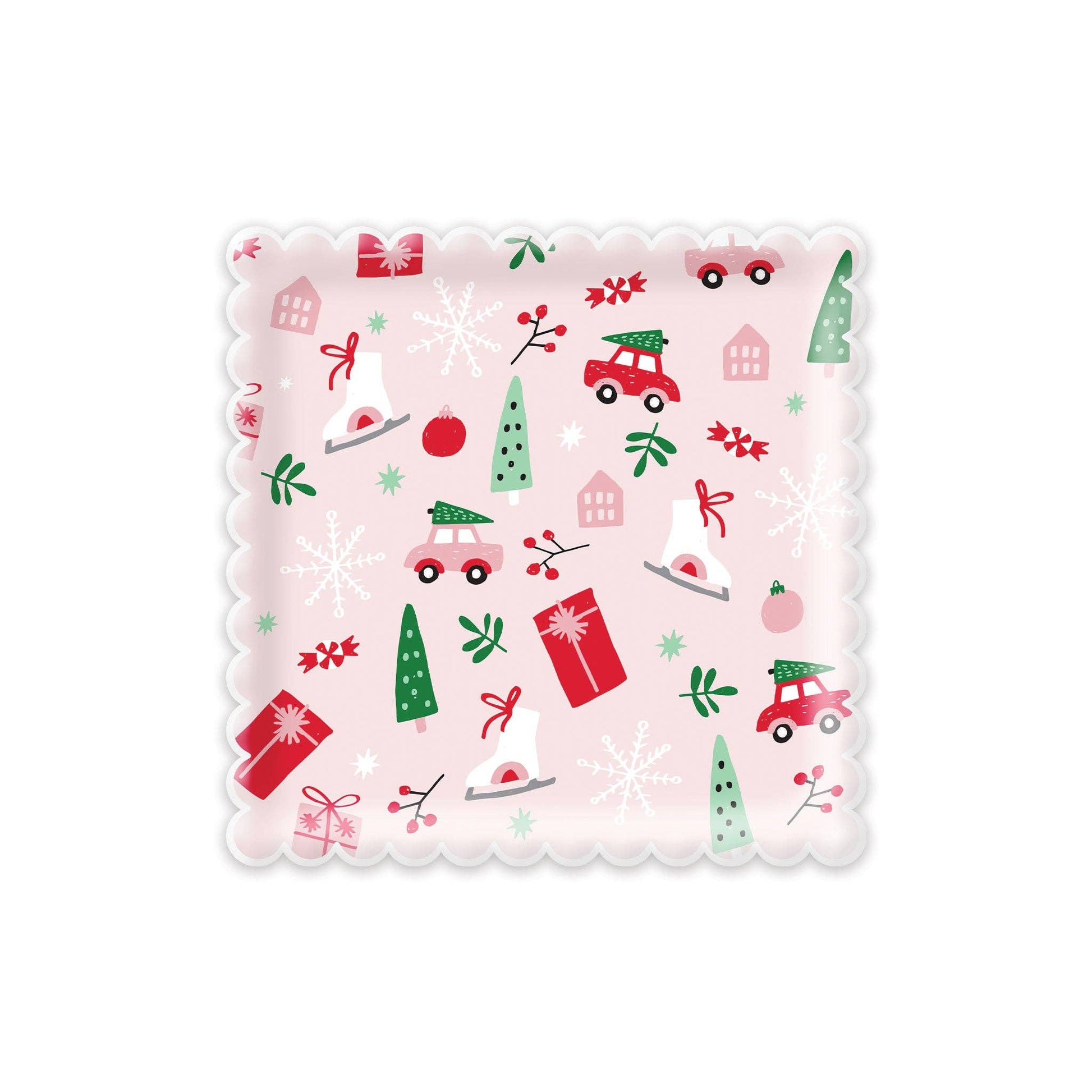 Pink paper plates with scalloped edges and festive Christmas icons—trees, cars, and gifts, Toronto holiday tableware.
