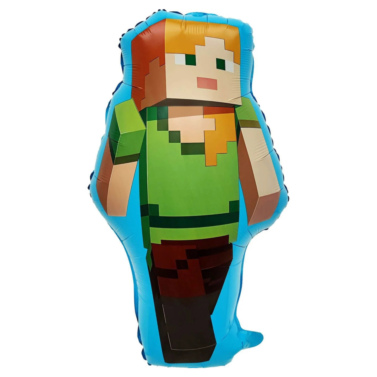 Minecraft Alex foil balloon featuring the pixelated character with orange hair, green shirt and brown pants. Pick up in Toronto and Canada-wide shipping available.