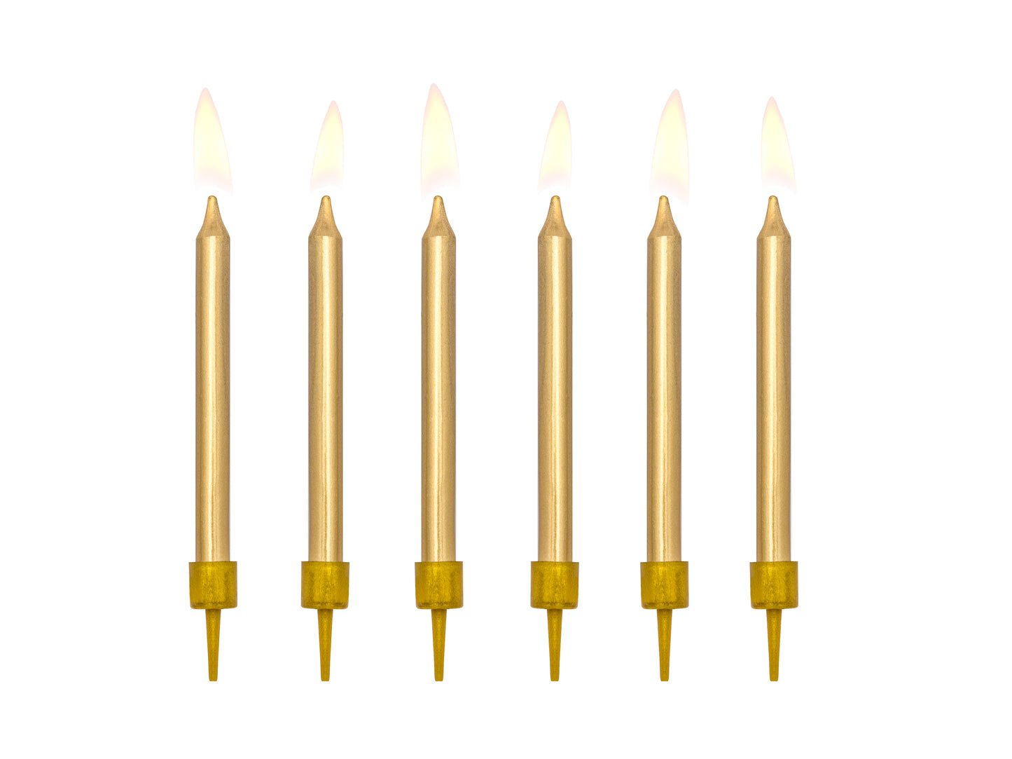 Metallic gold birthday candles with holders, approx. 6 cm, set of 6, available at Confetti My Party Toronto