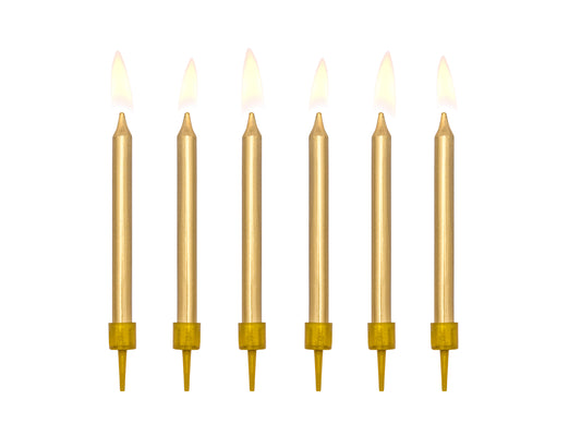 Metallic gold birthday candles with holders, approx. 6 cm, set of 6, available at Confetti My Party Toronto