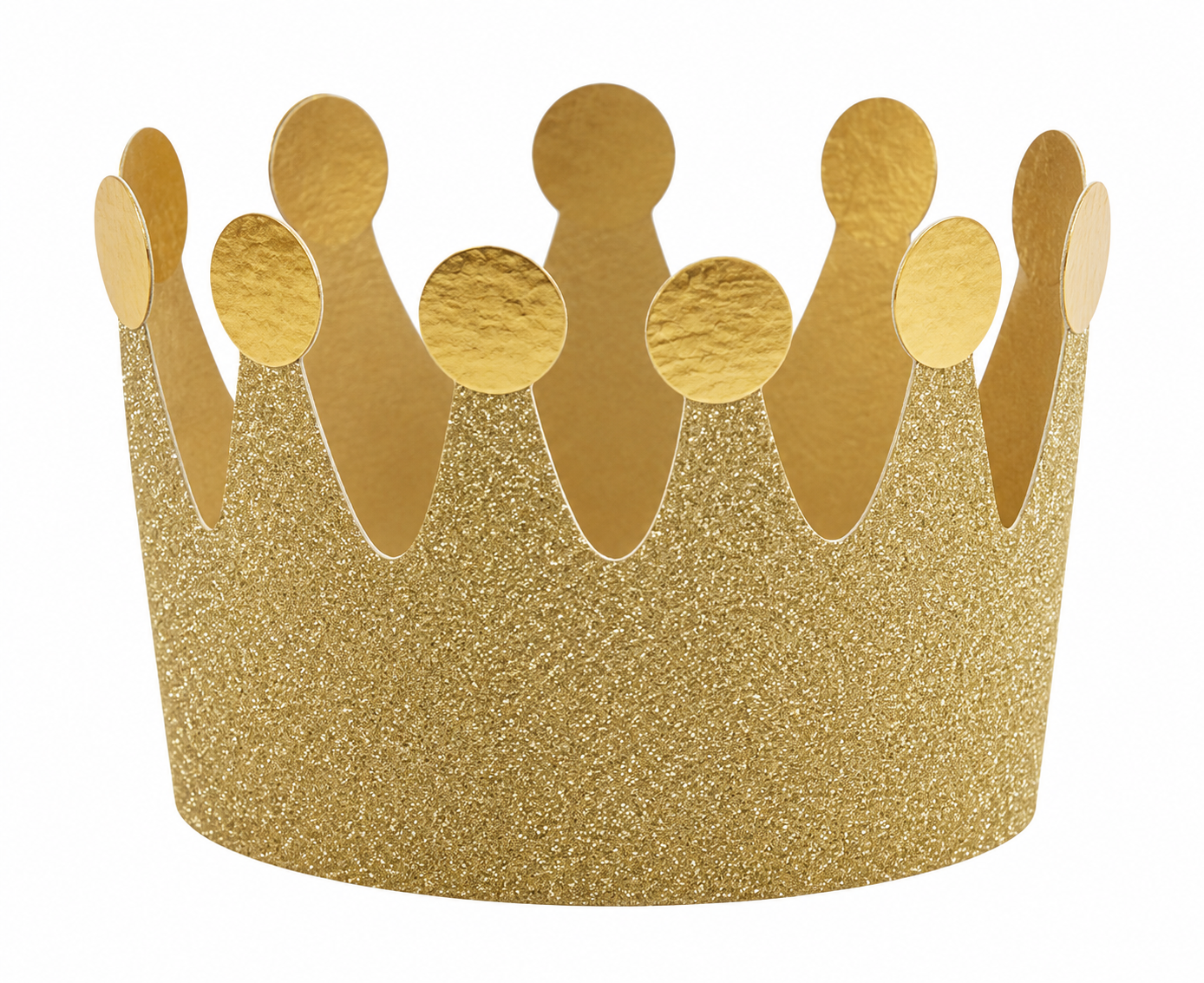 A gold glitter crown party hat with textured metallic gold spikes and smooth gold circular accents, shown on a plain white background.