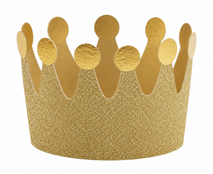 A gold glitter crown party hat with textured metallic gold spikes and smooth gold circular accents, shown on a plain white background.