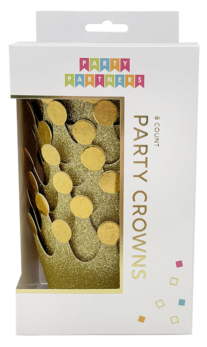 Gold party crowns in a Party Partners packaging with colorful text.